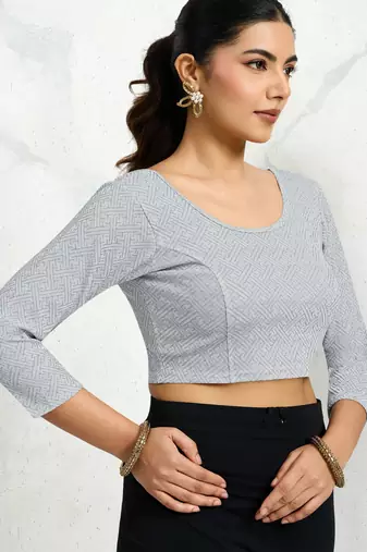Polyester elastane zari stretchable elbow sleeve ready to wear blouse for women