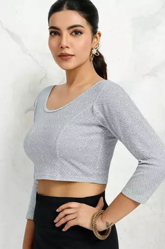Polyester elastane zari stretchable elbow sleeve ready to wear blouse for women