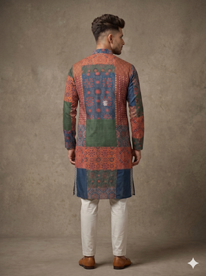 Multi-colour digital patchwork print cotton blend straight mandarin collar men's kurta 2