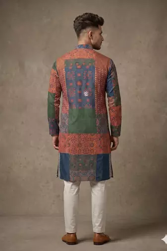 Multi-colour digital patchwork print cotton blend straight mandarin collar men's kurta