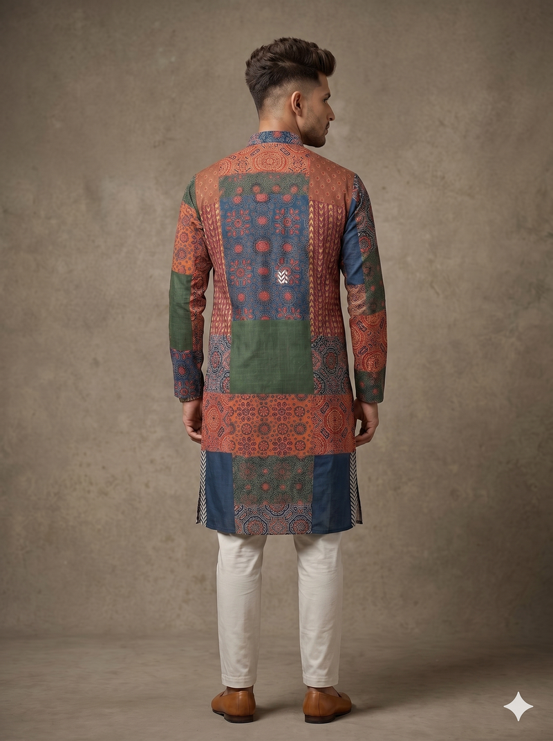 Multi-colour digital patchwork print cotton blend straight mandarin collar men's kurta