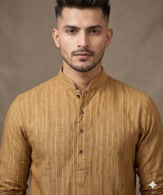Wood brown woven striped work premium khadi cotton straight mandarin collar men's kurta 3