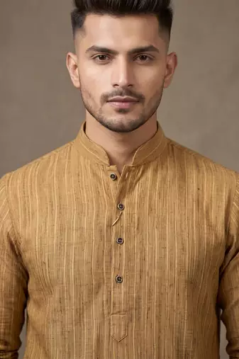 Wood brown woven striped work premium khadi cotton straight mandarin collar men's kurta