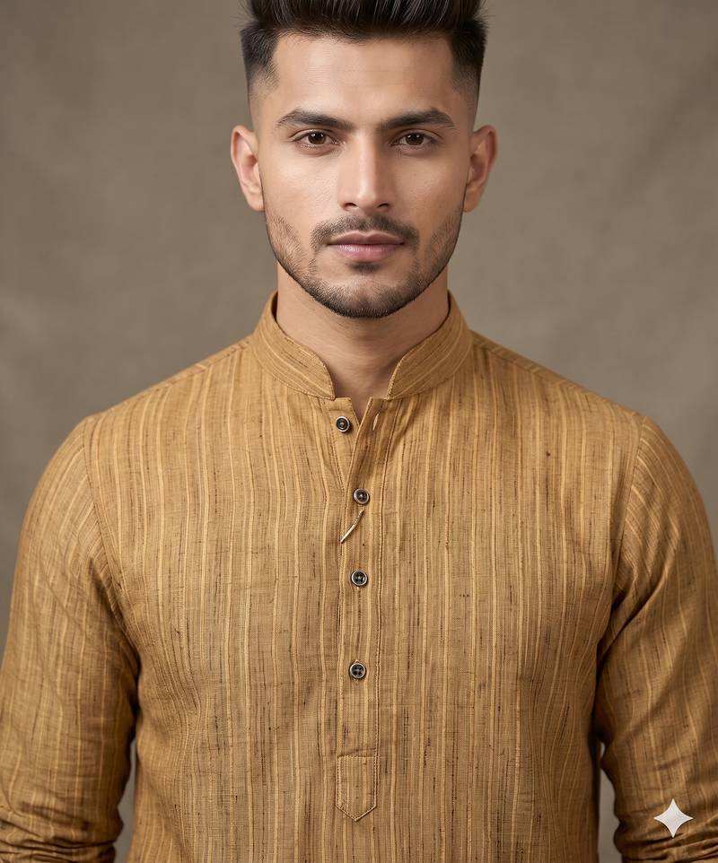 Wood brown woven striped work premium khadi cotton straight mandarin collar men's kurta