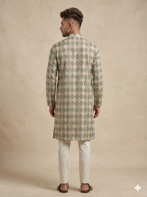 Beige and olive green geometric digital print premium cotton blend mandarin collar straight men's kurta 2