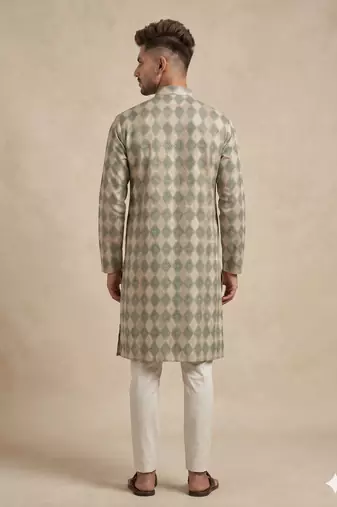 Beige and olive green geometric digital print premium cotton blend mandarin collar straight men's kurta