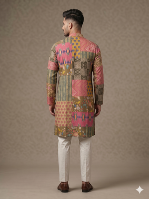 Multi-colour digital patchwork print cotton blend straight mandarin collar men's kurta 2