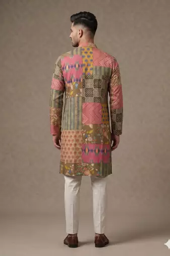 Multi-colour digital patchwork print cotton blend straight mandarin collar men's kurta