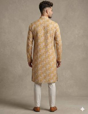 Mustard yellow tropical leaf printed faux silk blend straight mandarin collar men's kurta 2