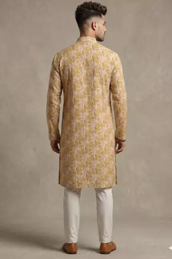 Mustard yellow tropical leaf printed faux silk blend straight mandarin collar men's kurta