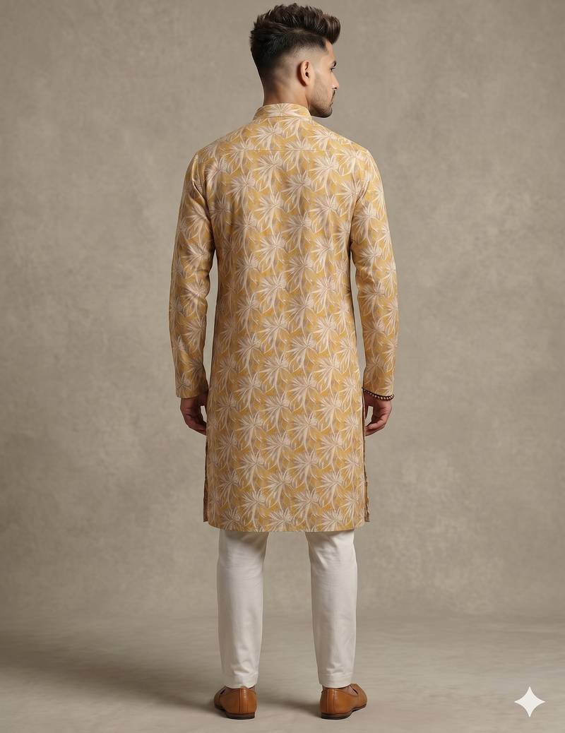 Mustard yellow tropical leaf printed faux silk blend straight mandarin collar men's kurta