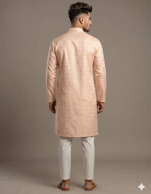 Light orange woven floral silk blend straight men's kurta 2