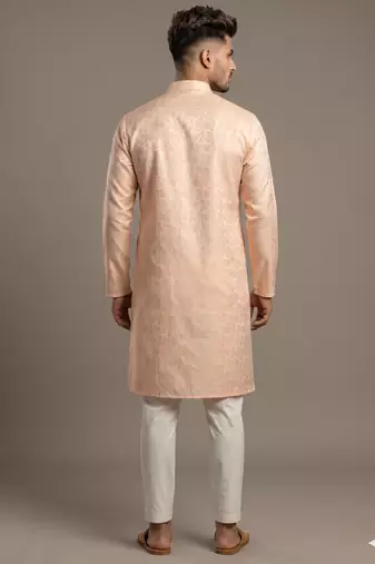 Light orange woven floral silk blend straight men's kurta