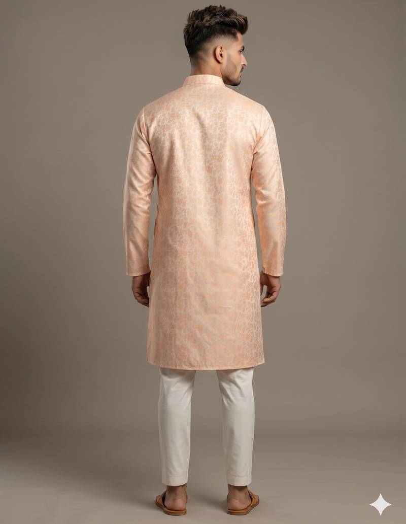 Light orange woven floral silk blend straight men's kurta