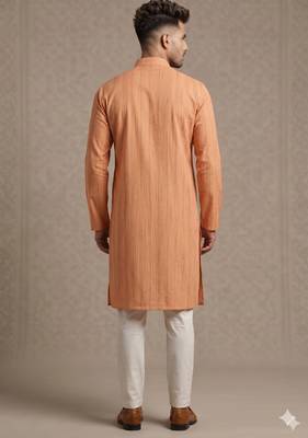 Light orange woven textured khadi cotton straight mandarin collar men's kurta 2