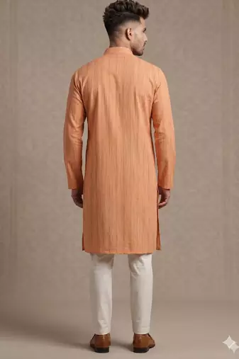Light orange woven textured khadi cotton straight mandarin collar men's kurta