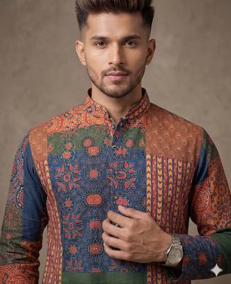 Multi-colour digital patchwork print cotton blend straight mandarin collar men's kurta 3