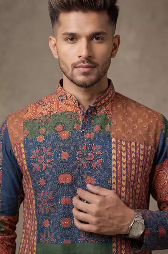 Multi-colour digital patchwork print cotton blend straight mandarin collar men's kurta