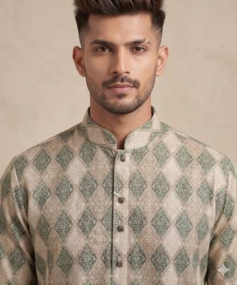 Beige and olive green geometric digital print premium cotton blend mandarin collar straight men's kurta 3