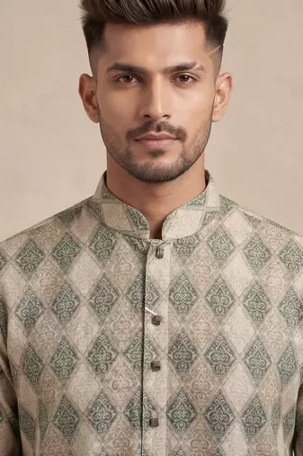 Beige and olive green geometric digital print premium cotton blend mandarin collar straight men's kurta
