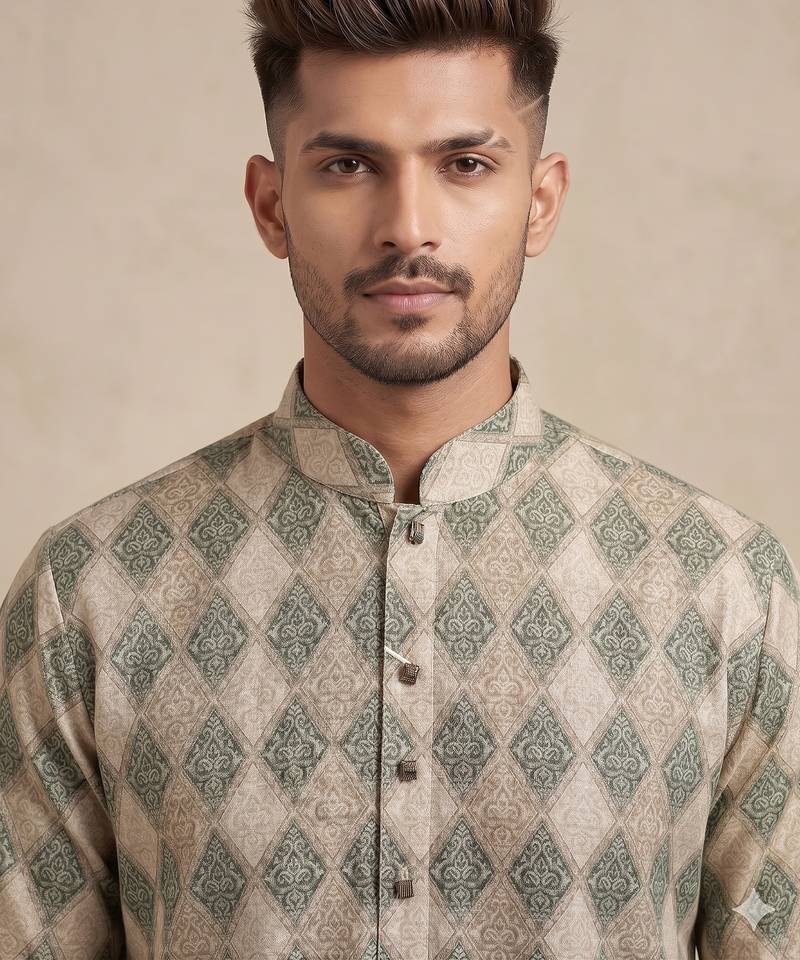 Beige and olive green geometric digital print premium cotton blend mandarin collar straight men's kurta