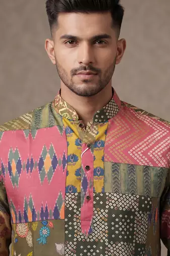 Multi-colour digital patchwork print cotton blend straight mandarin collar men's kurta