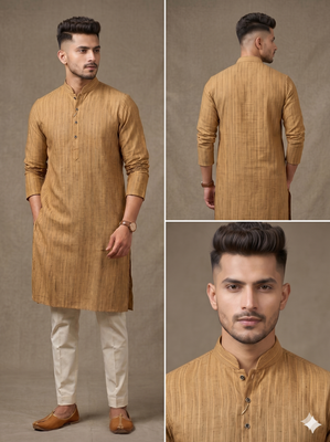 Wood brown woven striped work premium khadi cotton straight mandarin collar men's kurta 4