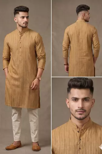 Wood brown woven striped work premium khadi cotton straight mandarin collar men's kurta