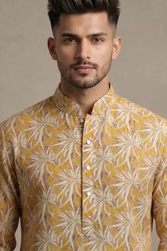 Mustard yellow tropical leaf printed faux silk blend straight mandarin collar men's kurta