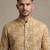 Mustard yellow tropical leaf printed faux silk blend straight mandarin collar men's kurta