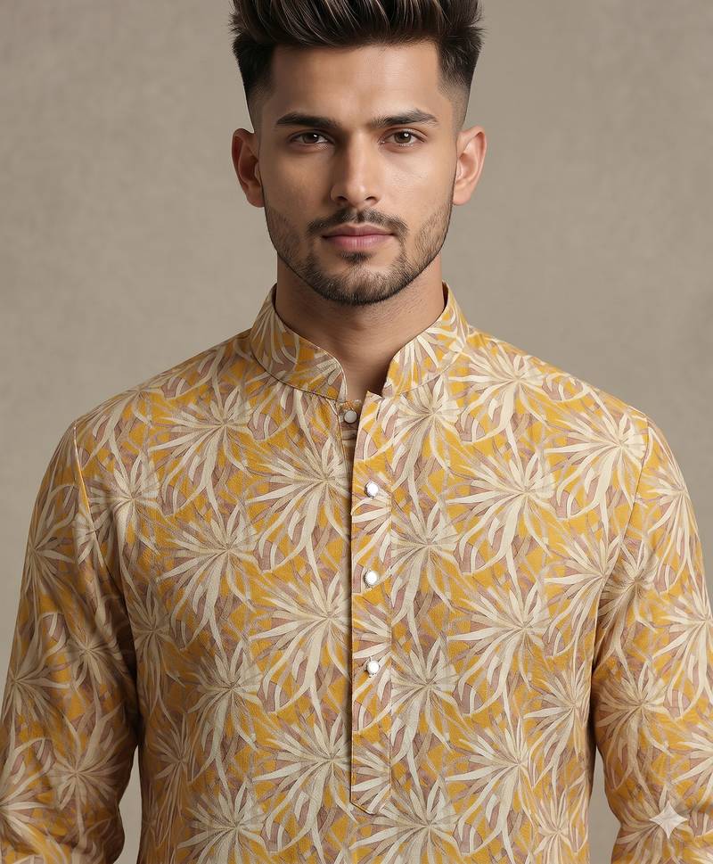 Mustard yellow tropical leaf printed faux silk blend straight mandarin collar men's kurta
