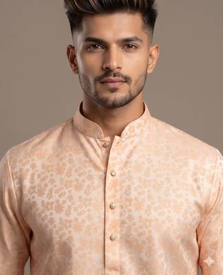 Light orange woven floral silk blend straight men's kurta 3