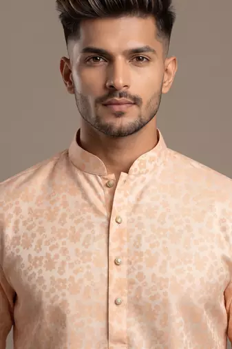 Light orange woven floral silk blend straight men's kurta