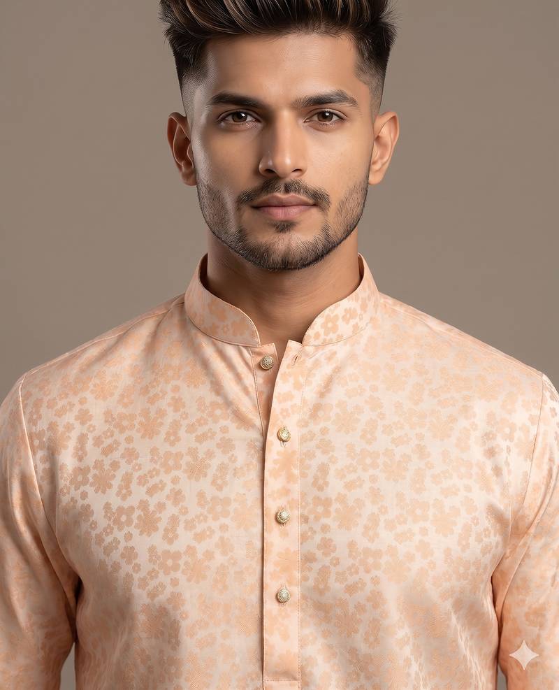 Light orange woven floral silk blend straight men's kurta