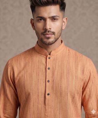 Light orange woven textured khadi cotton straight mandarin collar men's kurta 3