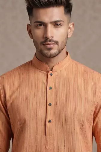 Light orange woven textured khadi cotton straight mandarin collar men's kurta