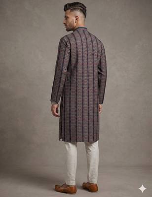 Black floral digital print art silk mandarin collar men's kurta 2