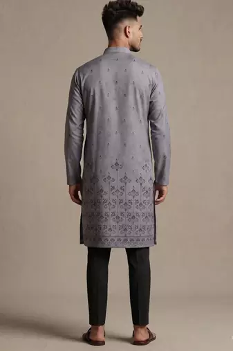 Grey digital printed faux silk blend mandarin collar straight men's kurta