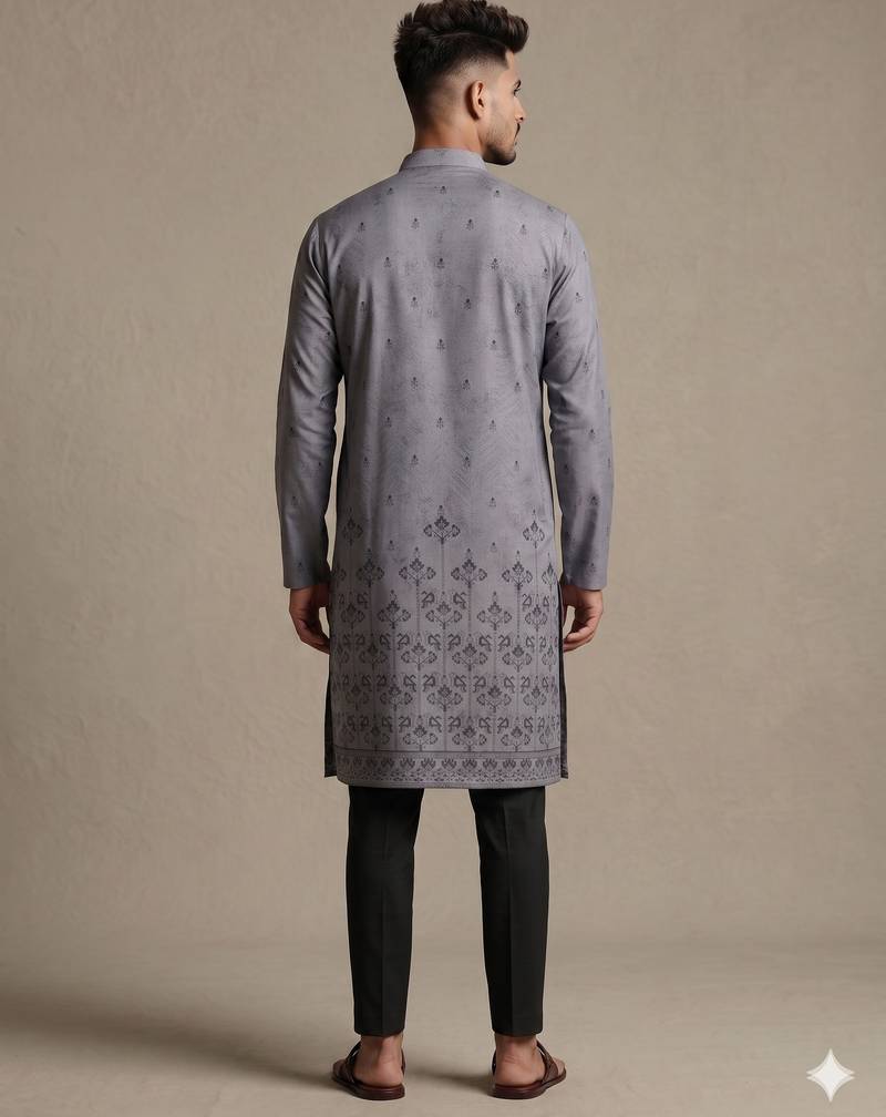 Grey digital printed faux silk blend mandarin collar straight men's kurta