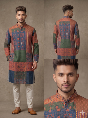 Multi-colour digital patchwork print cotton blend straight mandarin collar men's kurta 4