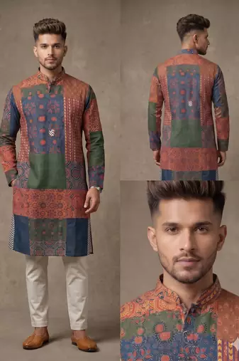 Multi-colour digital patchwork print cotton blend straight mandarin collar men's kurta