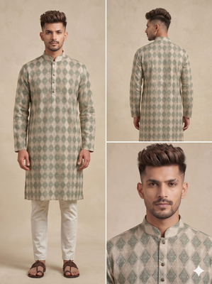 Beige and olive green geometric digital print premium cotton blend mandarin collar straight men's kurta 4