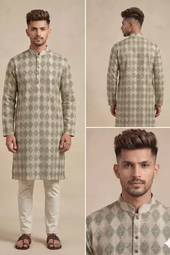 Beige and olive green geometric digital print premium cotton blend mandarin collar straight men's kurta