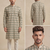 Beige and olive green geometric digital print premium cotton blend mandarin collar straight men's kurta