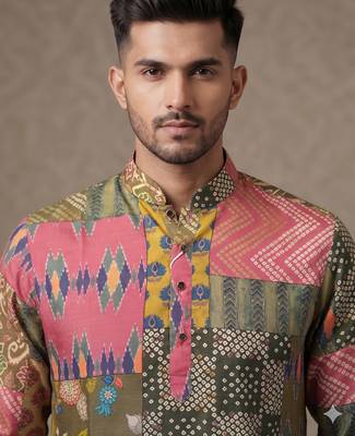 Multi-colour digital patchwork print cotton blend straight mandarin collar men's kurta 4
