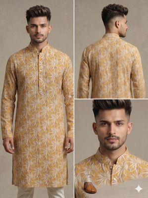 Mustard yellow tropical leaf printed faux silk blend straight mandarin collar men's kurta 4