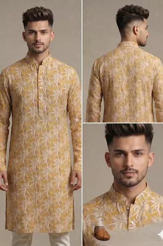 Mustard yellow tropical leaf printed faux silk blend straight mandarin collar men's kurta