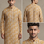 Mustard yellow tropical leaf printed faux silk blend straight mandarin collar men's kurta