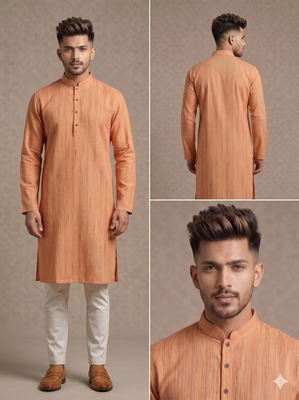 Light orange woven textured khadi cotton straight mandarin collar men's kurta 4