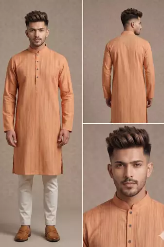 Light orange woven textured khadi cotton straight mandarin collar men's kurta